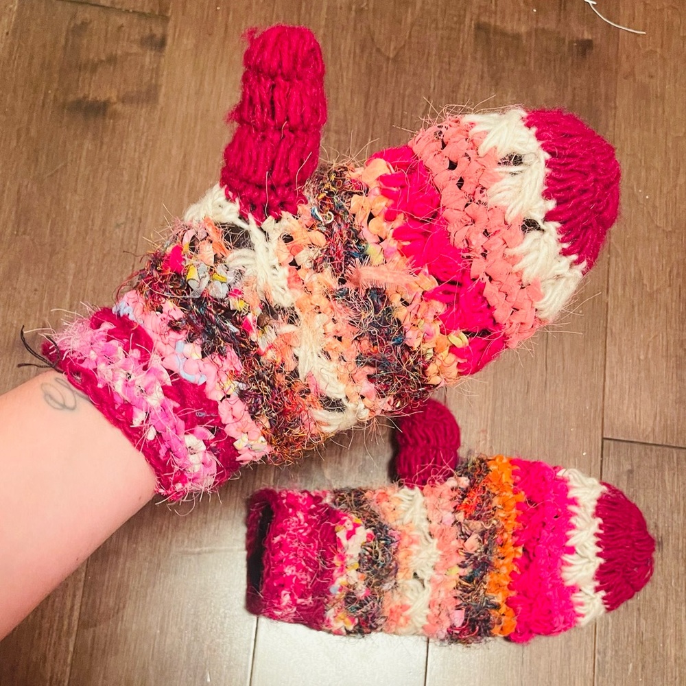 Boho Silk and Fabric Crocheted Fleece Mittens